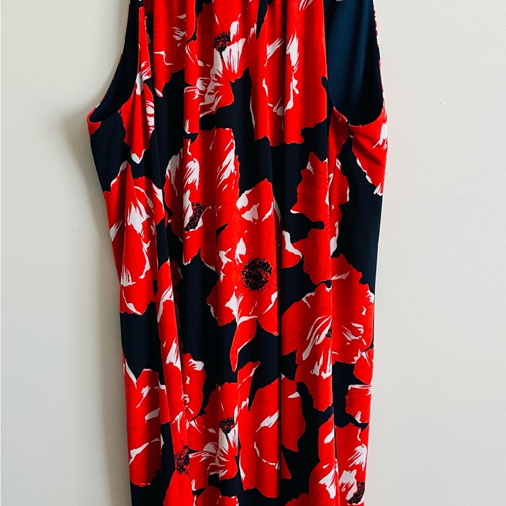 Woman’s S, Trina Turk Vibrant Floral Red and Navy Dress, Halter, Military